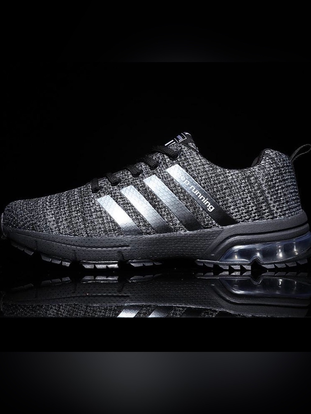 Men's Black Knit Running Sneakers with Metallic Stripes Size 9